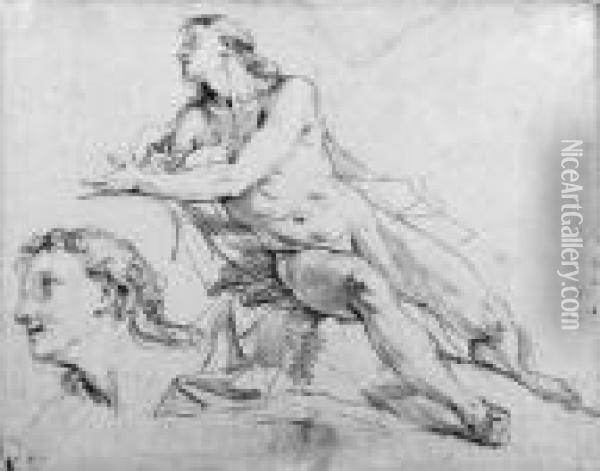 A Reclining Nude Gesturing In Profile To The Left, With Asubsidiary Study Of The Head Oil Painting - Charles Joseph Natoire