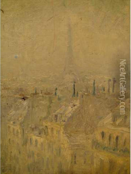 Vue Des Toits De Paris, La Tour Eiffel Oil Painting - Paul Vogler