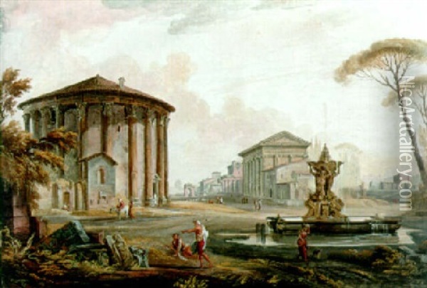 A Capriccio With The Temple Of Cybel On Piazza Della Bocca Della Verita And Other Buildings In The Background Oil Painting - Jean Baptiste Lallemand