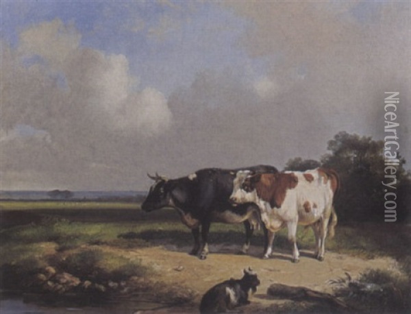Cows By A Waterpool Oil Painting - Dirk Van Lokhorst