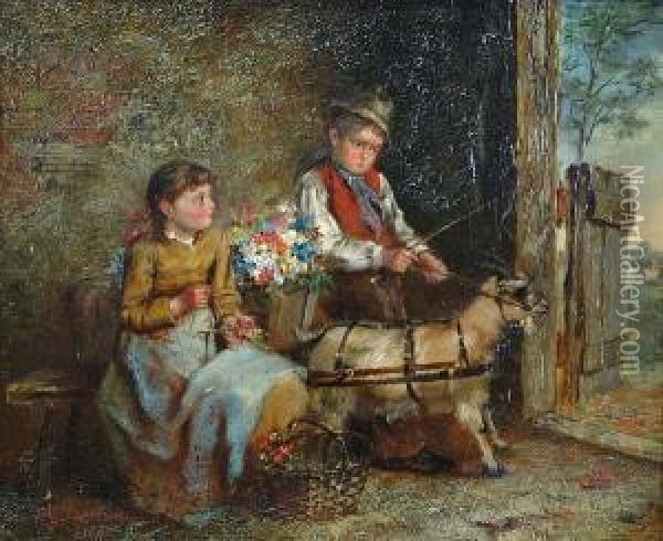 A Young Boy And Girl With Baskets Of Flowers And A Goat Oil Painting - John Frederick Pasmore