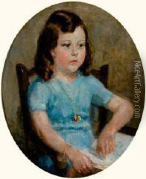 Portrait De Fillette A La Robe Bleue Oil Painting - Raymond Louis Lecourt