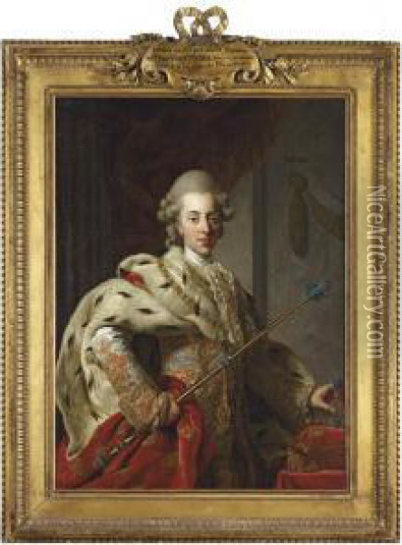 Portrait Of King Christian Vii 
Of Denmark, Half-length, In Coronation Robes And Holding A Crown And 
Sceptre Oil Painting - Alexander Roslin