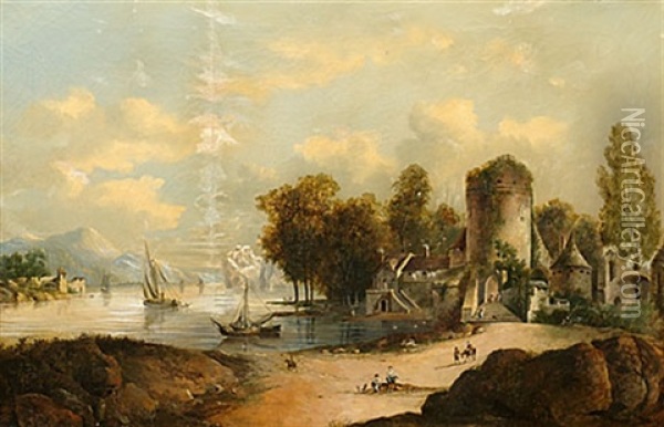 Flodlandskap Med Batar, Byggnader, Figurer Och Ruiner Oil Painting - Louis Belanger