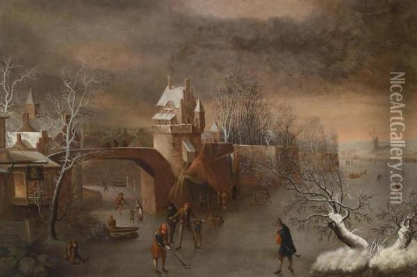Skaters Near A Town Wall Oil Painting - Anthonie Beerstraten