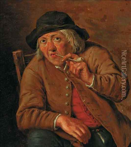 A peasant smoking in an interior Oil Painting - Johann-Heinrich Keller