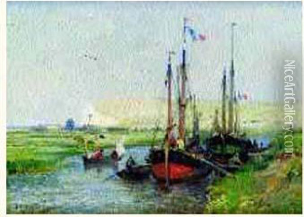 Embarcation Sur Une Riviere Au Treport Oil Painting - Jules Achille-Noel
