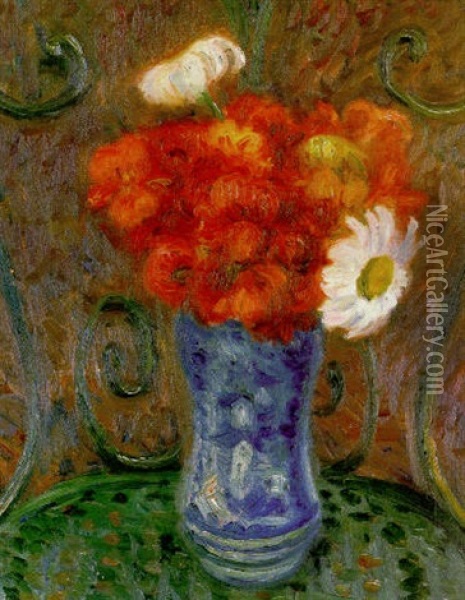 Flowers On A Garden Chair Oil Painting - William Glackens