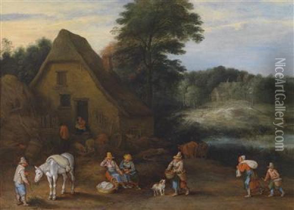 Landscape With Peasants Preparing For Market Oil Painting - Joseph van Bredael