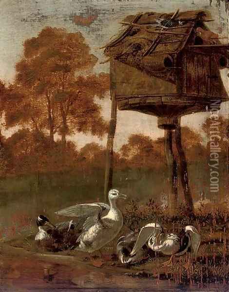 Ducks by a stream with a dovecote Oil Painting - Dirck Wijntrack