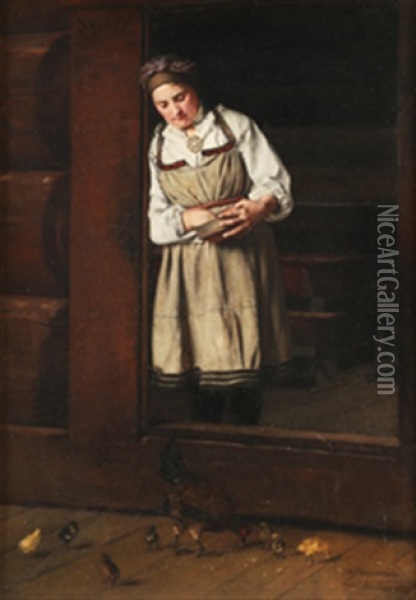 Seterjente Som Mater Kyllinger Oil Painting - Karl Frederick Sundt-Hansen