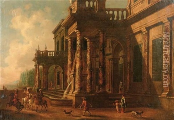 A Classical Villa With Elegant Figures On A Falconry Hunt Oil Painting - Jacob Ferdinand Saeys
