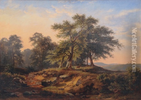 Lanscapes With Deers Oil Painting - Heinrich Hermann