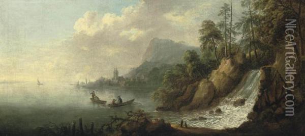 An Extensive River Landscape 
With Figures In Rowing Boats Near A Waterfall, A Town Beyond Oil Painting - Jean-Baptiste Pillement