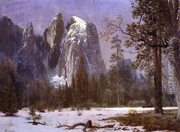 Cathedral Rocks, Yosemite Valley, Winter Oil Painting - Albert Bierstadt