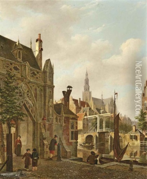 A Capriccio View Of A Dutch Town With Children Playing Hoop Oil Painting - Bartholomeus Johannes Van Hove