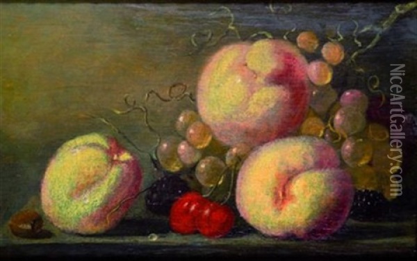 Nature Morte De Peches, Raisins Et Cerises Sur Un Entablement Oil Painting - Harmen Steenwyck