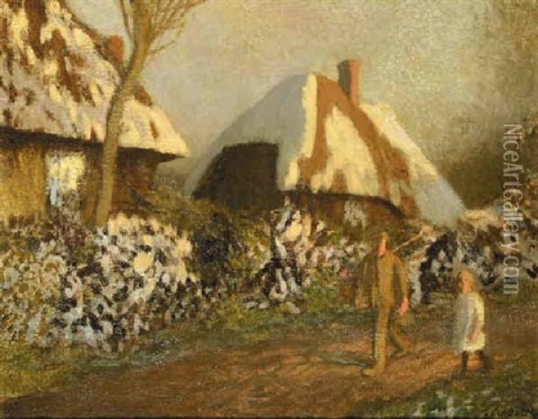 Cottages On A Frosty Evening Oil Painting - Sir George Clausen