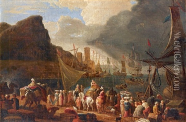 Seehafen Mit Booten Und Vielen Figuren Oil Painting - Jan-Baptiste van der Meiren