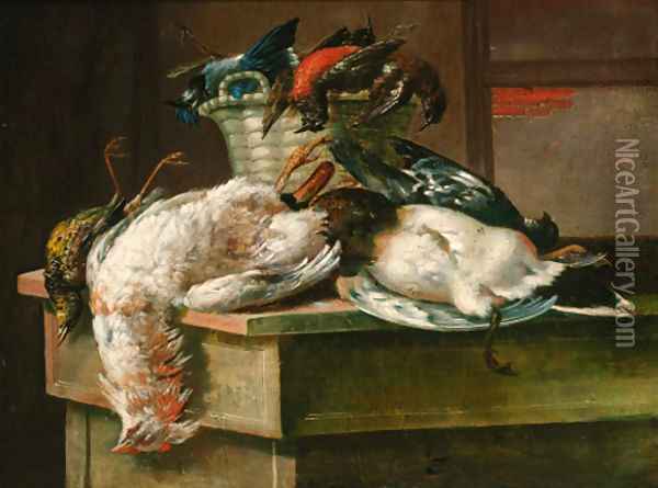 Dead game with a basket and a plate in an interior Oil Painting - Italian School