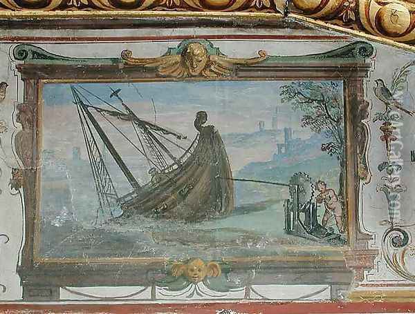An endless screw that allowed Archimedes c.287-12 BC to drag a ship ashore, Stanza della Mattematica, 1587-1609 Oil Painting - Giulio Parigi