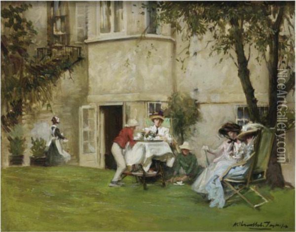 Tea In The Garden Oil Painting - Albert Chevallier Tayler