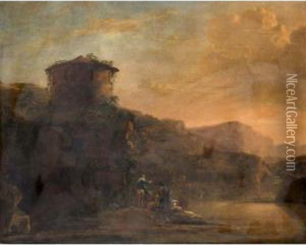 An Italianate Landscape With Travellers And A Cattle Crossing A River At Sunset Oil Painting - Jan Asselyn