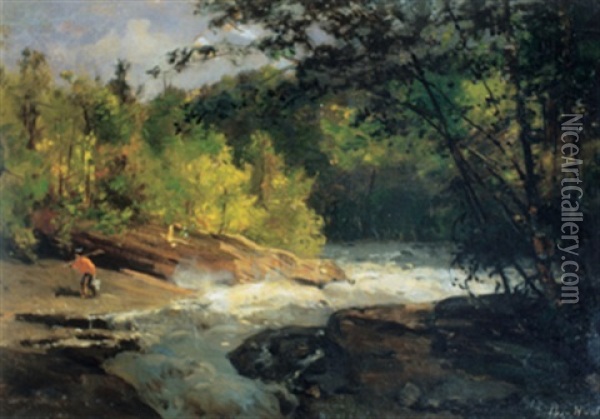 Hunter By A Cascading River Oil Painting - Charles Edouard Masson Huot