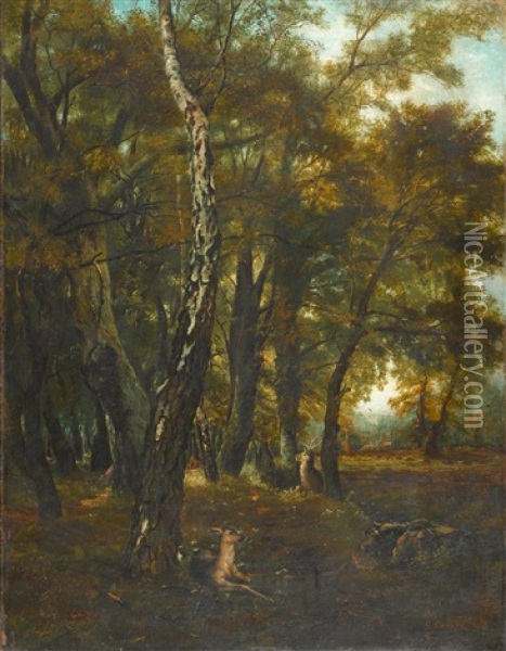 Sous Bois Avec Cerfs Et Biches Oil Painting - Gustave Courbet