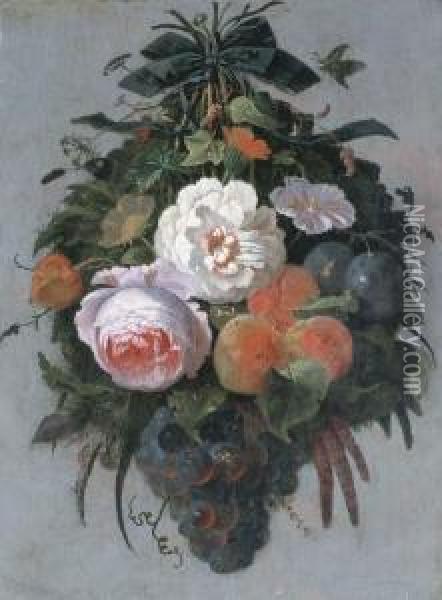 A Swag Of Fruit And Flowers Hanging From A Nail Oil Painting - Abraham Mignon