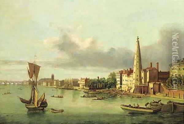 View of the York buildings and the waterworks tower from the Thames, Westminister Bridge and Abbey beyond Oil Painting - English School
