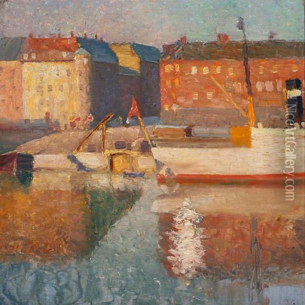 Scenery From Nyhavn, Copenhagen. Oil Painting - Edvard Weie