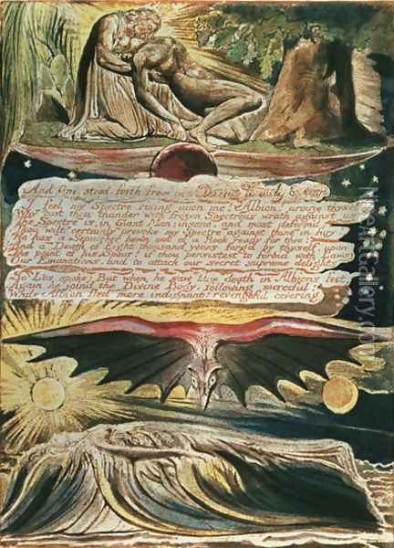 Jerusalem The Emanation of the Giant Albion- 'And One stood forth', top to bottom, Los supported by Christ; Albion's burial in the Supulcher, 1804 Oil Painting - William Blake