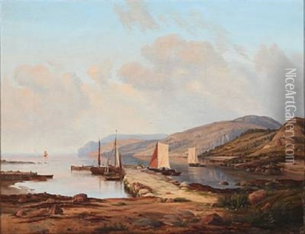 Coastal Scene From Norway With Fishermen And Mountains In The Background Oil Painting - Georg Emil Libert