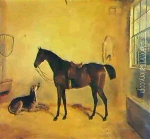 A Saddled Mare And A Dog In A Stable, A Country House Seen  Through The Window Oil Painting - Edward Walter Webb