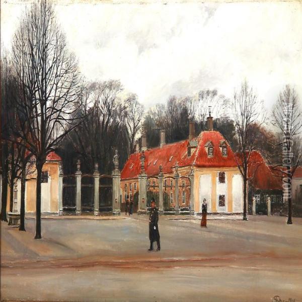 A Policeman At Frederiksberg Square With The Entrance To Frederiksberg Garden Oil Painting - Soren Christiansen