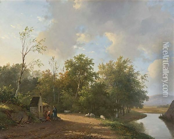 Travellers At Rest In A Summer Landscape Oil Painting - Andreas Schelfhout