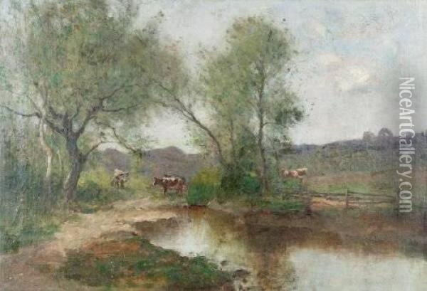 Cows Along Stream Oil Painting - Max Weyl