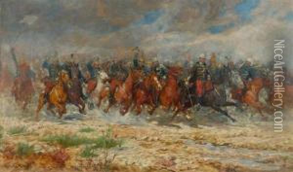 Cavalry Attack. 1899. Oil Painting - Ludwig Koch