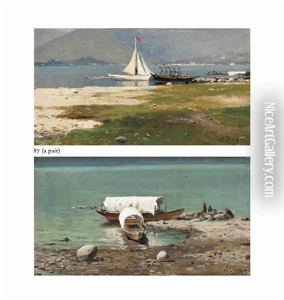 Vessels At Their Moorings; Boats In The Bay (pair) Oil Painting - Silvio Poma
