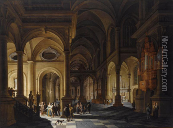 An Interior Of A Church By Night With Elegant Figures Oil Painting - Anthonie De Lorme