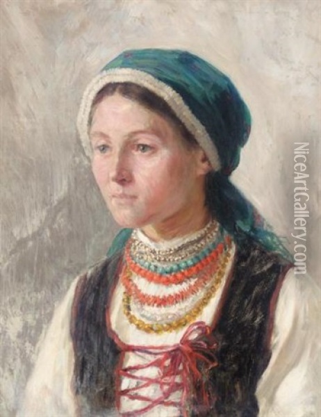 Portrait Of A Young Ukrainian Girl Oil Painting - Nicolai K. Pimonenko