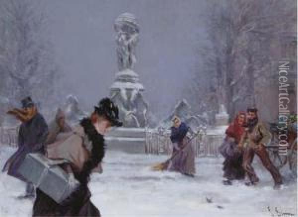A Snow Covered Square With Figures Oil Painting - Lucien Simon
