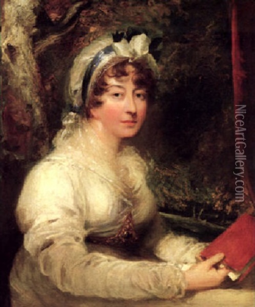 Portrait Of Lady Cunningham Wearing A White Gown And Bonnet With Blue Bow, In A Landscape Oil Painting - Sir John Hoppner