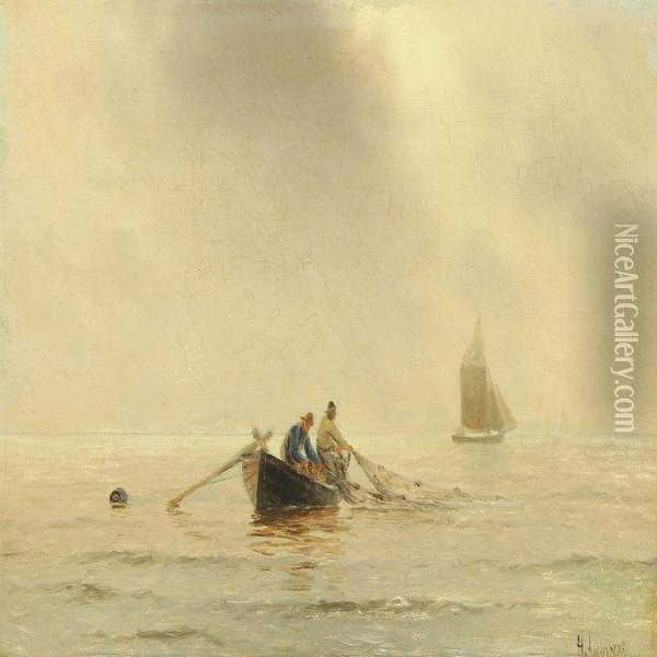 Fishermen Pulling In The Net Oil Painting - Holger Peter Svane Lubbers