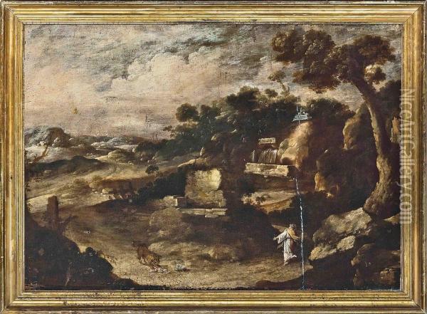 A Mountainous Wooded Landscape With Androclus And The Lion Oil Painting - Antonio Maria Marini