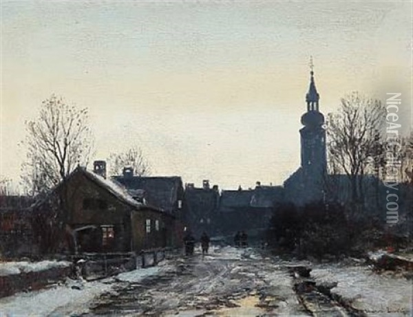 Village Scene At Winter Time, Presumably From The Outskirts Of Munich Oil Painting - Anders Andersen-Lundby