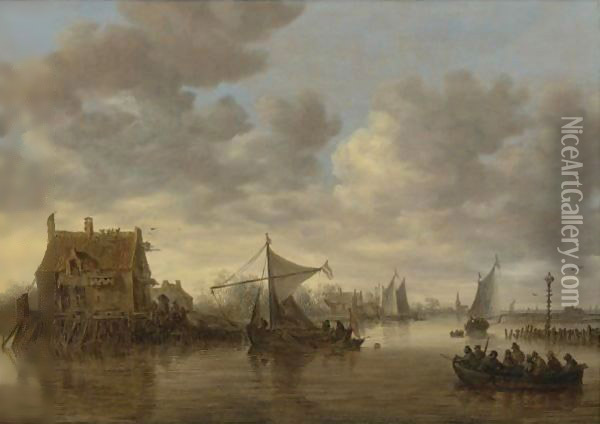 The Oude Wachthuis On The Kil Near Dordrecht With Small Ships And A Ferry Oil Painting - Jan van Goyen