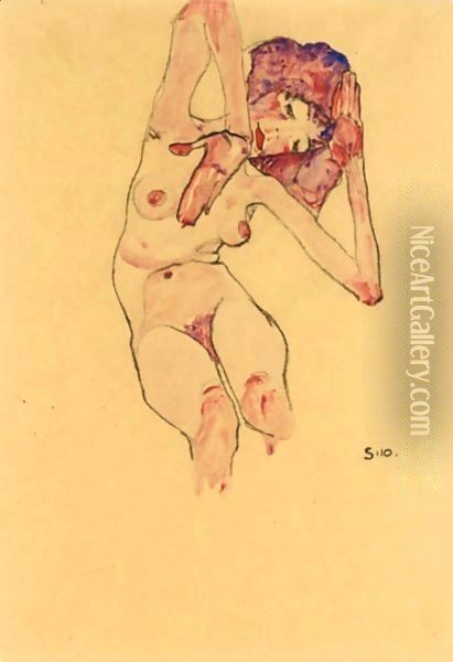 Sitzender Frauenakt Mit Geneigtem Kopf Und Erhobenen Armen (Seated Female Nude With Tilted Head And Raised Arms) Oil Painting - Egon Schiele
