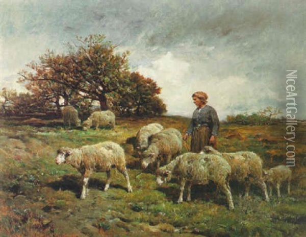 A Pastoral Landscape With A Shepherdess And Her Flock Oil Painting - Felix Saturnin Brissot de Warville